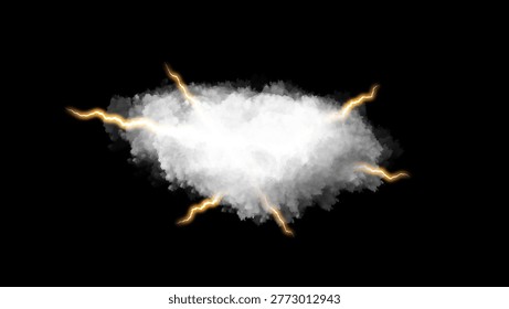 Dramatic storm cloud with orange lightning bolts on black background