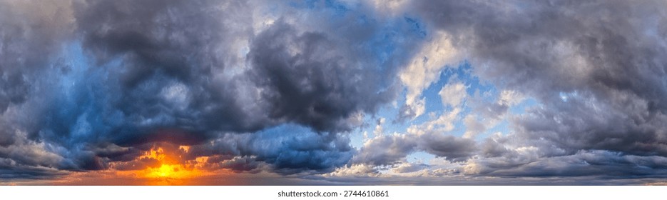 Dramatic storm clouds and fiery sunset over a panoramic ocean horizon, moody sky, 3d Rendering.