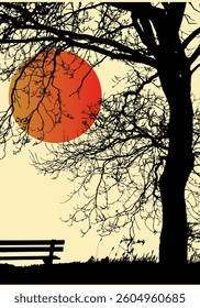 Dramatic Sunset Behind a Tree with an Empty Bench