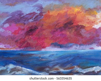 A dramatic sunset over the sea. A hand drawn and semi abstract painted illustration of the sea and sunset in Margate, inspired by Turner. Dramatic pink and red clouds rise above rolling waves.