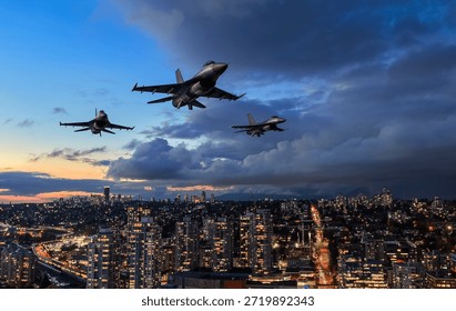 Dramatic sunset view of fighter jets flying over a river and city, creating a cinematic skyline. 3d Rendering Airplane. Image Background of New West, BC, Canada