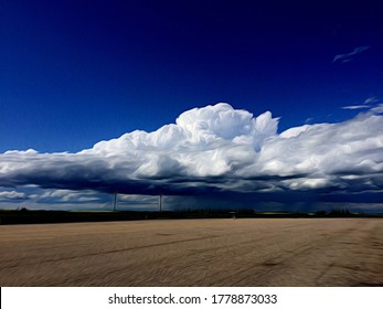 Dramatic Thunder Cloud Over Farmland, Alberta, Canada, June 2020, Cloud Technology Concept, Endangered Crops By Hail And Rain In Agriculture Industry, Oil Painting Effect Over Photo, Digitally Created