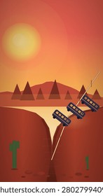 A dramatic vector illustration depicts a train plummeting off a steep desert cliff at sunset, with a vibrant orange sky and silhouetted mountains creating a tense atmosphere of impending disaster.