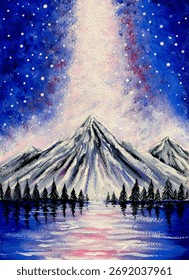 Dramatic, Vertical Composition Depicting Snow-Covered Alpine Peaks Under a Brilliant, Star-Filled Celestial Beam Reflected in a Calm Lake