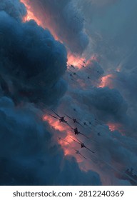 A dramatic vista of numerous planes soaring through a dramatic twilight sky filled with vibrant clouds
