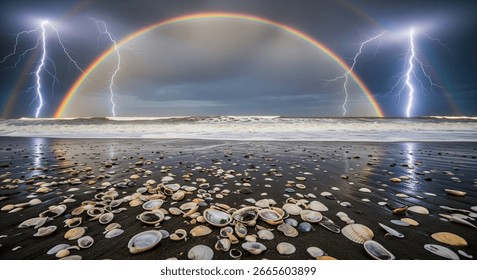 A dramatic, wide-angle shot of a beach during a storm. A vibrant rainbow arcs across a dark, turbulent sky with lightning strikes. Powerful waves crash onto the shore, scattered with countless seashel