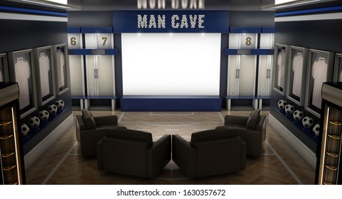 A Dramatically Lit Interior Of A Soccer Themed Man Cave With Sports Memorabilia, Lockers And Large Television Screen Surrounded By Sofas - 3D Render