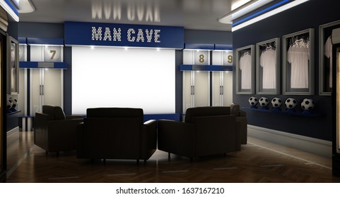 A Dramatically Lit Interior Of A Soccer Themed Man Cave With Sports Memorabilia, Lockers And Large Television Screen Surrounded By Sofas - 3D Render