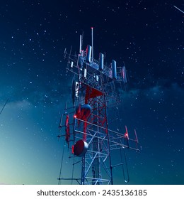 Dramatically lit telecom tower stands tall, dominating the nocturnal skyline, antennas reaching out to the glittering cosmos above - a blend of technology and nature.