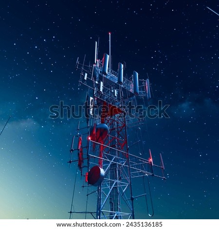 Dramatically lit telecom tower stands tall, dominating the nocturnal skyline, antennas reaching out to the glittering cosmos above - a blend of technology and nature.