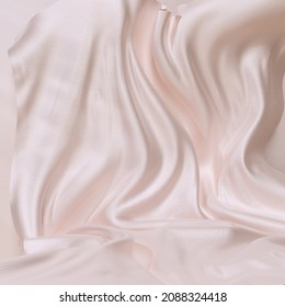 Draped curtain blush color satin fabric texture product presentation elegant fashion background, 3d rendering object placement mockup