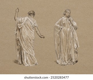 Draped Model (ca. 1865–2867) drawing by Albert Joseph Moore. Black and white sketch of woman dress. Vintage woman fashion art drawing illustration, old sketch art print. Woman painting on brown paper