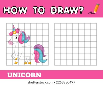 Draw the picture using grid lines. Unicorn. Simple preschoolar game. Easy level. Educative game. Leisure time activity