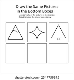 Draw the Same Pictures in the Bottom Boxes. activity worksheet where children copy images from the top row into the empty boxes below. for practicing drawing skills and attention to detail.