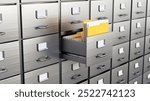 A drawer of a filing cabinet opens and a yellow folder is taken. 3D illustration.