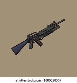 Drawing Of The American M-16 Assault Rifle (AR-15) With An M-203 Grenade Launcher.