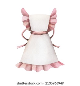 Drawing Of An Apron On A White Background. Apron For A Girl In Watercolor. White Apron With Pink Sleeves.