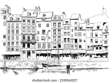 Drawing Bay Of Honfleur. Hand Drawn Illustration. Suitable For Print, Postcard, Sketchbook Cover.