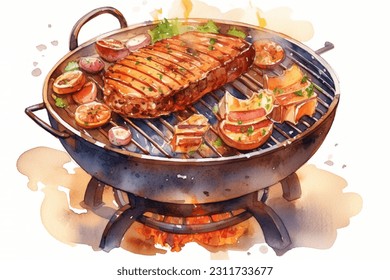 drawing bbq on grill using watercolor