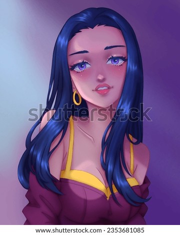 Drawing of a beautiful model girl on a dark purple background with blue light, long straight blue hair, light skin, gold earrings, yellow top, blue eyes, vinous cardigan. [[stock_photo]] © 