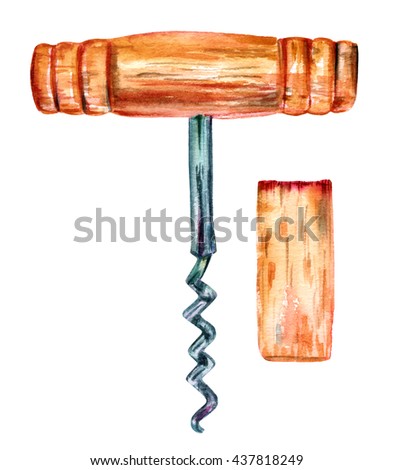 A drawing of a beautiful vintage corkscrew with a cork, hand painted in watercolor on white background; a decoration for a restaurant wine list
