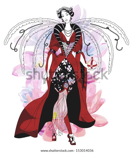 Drawing Beautiful Woman Wings Stock Illustration 153014036