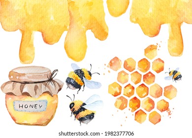 Drawing Bees With Watercolor.Watercolor Honey Jar.Yellow Honeycomb.Illustration Flying Insects For Honey.Painting Bumblebee On White Background.