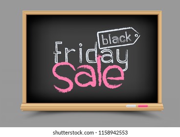 Drawing black friday sale logo on blackboard. Education school discount sticker symbol on chalkboard - Powered by Shutterstock