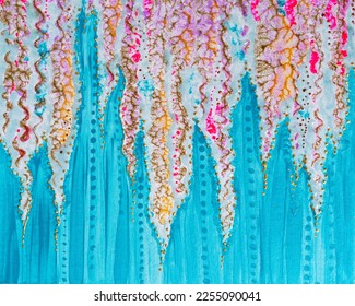 Drawing bright flower garden hanging flowers  spring bloom  delicate fragrance  Picture contains interesting idea  evokes emotions  aesthetic pleasure  Canvas stretched  Concept art painting texture