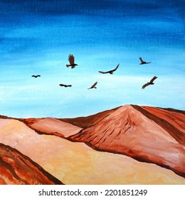 Drawing Of Bright Large Sand Dunes, Birds Fly. Picture Contains Interesting Idea, Evokes Emotions, Aesthetic Pleasure. Canvas Stretched On A Stretcher, Oil Natural Paints. Concept Art Painting Texture