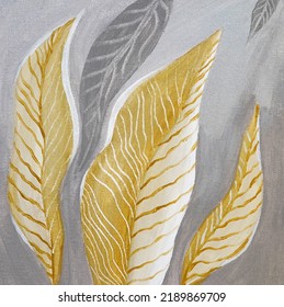 Drawing Of Bright Luxury Large Plant Leaves. Picture Contains Interesting Idea, Evokes Emotions, Aesthetic Pleasure. Canvas Stretched On A Stretcher, Oil Natural Paints. Concept Art Painting Texture