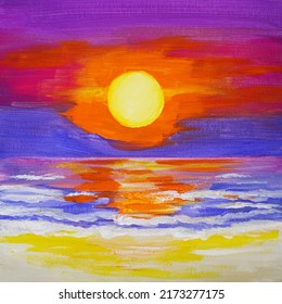 Drawing Of Bright Sea Sunset Sunrise, Yellow Red Clouds, Orange Highlights On Water. Picture Contains Interesting Idea, Evokes Emotions Aesthetic Pleasure. Natural Paints. Concept Art Painting Texture