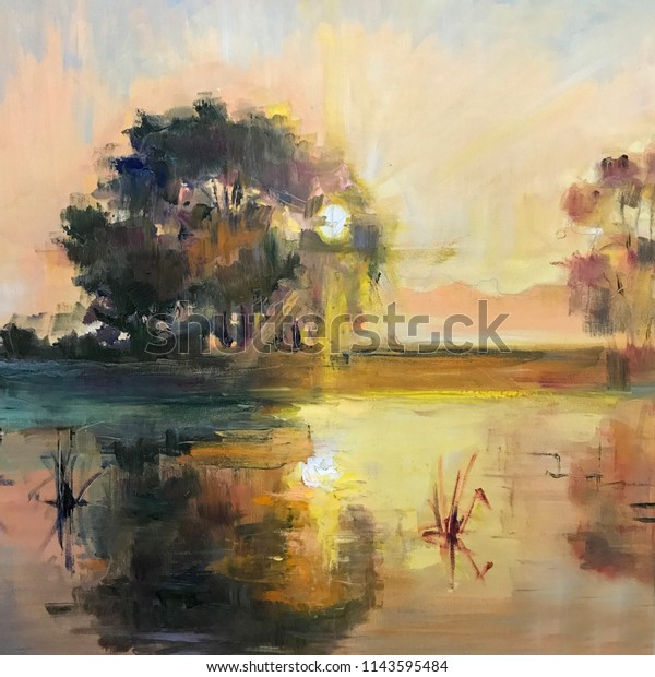 Drawing Bright Sunset Sunrise Over Sea Stock Illustration 1143595484