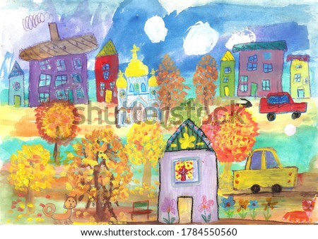 Drawing of the buildings, cars, temple. Watercolor painting golden autumn.Pencil art in childish style