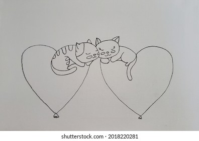 Drawing by pen  liner  marker gray canvas  Lovely animals in love are sleeping  The symbol calm life  Boy   girl lie side by side  Easy art  inspiration for 14 February  st valentines day 
