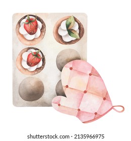 Drawing Of Cakes. Watercolor Cakes With Strawberries And Mint Leaves On A Baking Sheet. Baking With A Potholder. Painted Cakes With Berries.