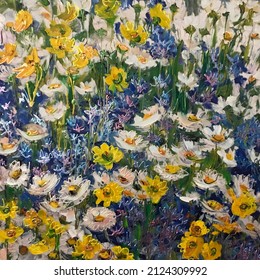 Drawing camomile   cornflowers  Picture contains an interesting idea  evokes emotions  aesthetic pleasure  Canvas stretched stretcher  oil natural paints  Concept art painting texture