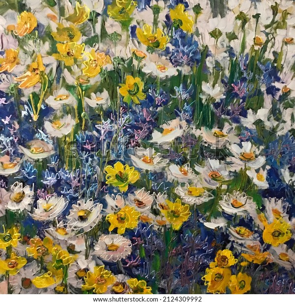 Drawing of camomile and cornflowers. Picture\
contains an interesting idea, evokes emotions, aesthetic pleasure.\
Canvas stretched on a stretcher, oil natural paints. Concept art\
painting texture