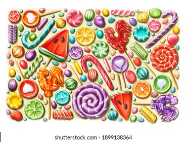 Drawing For A Candy Store, Made With Markers, Poster, Colorful Sweets