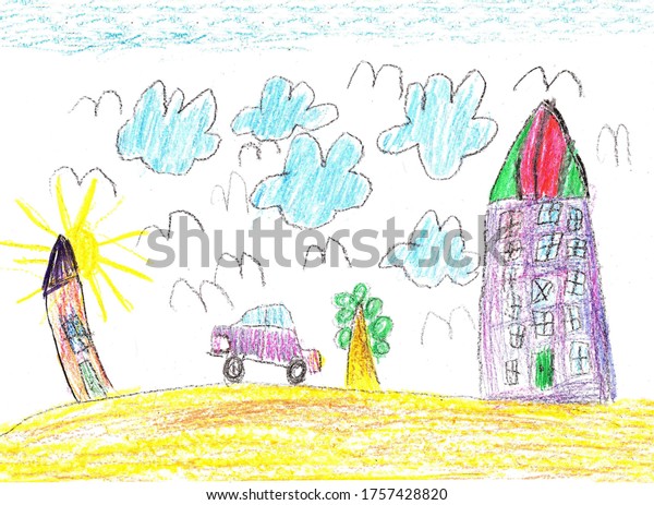 Drawing of the car and country house.Pencil art in\
childish style