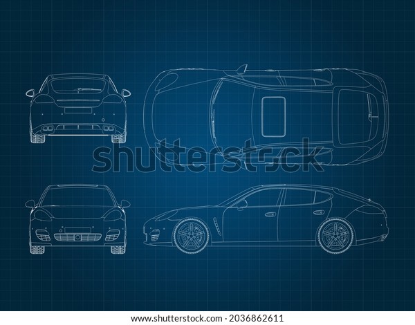 drawing of a car and its parts on a blue\
millimeter\
substrate