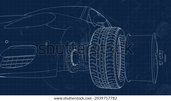 drawing of a car and its parts on a blue\
millimeter substrate 3d\
render
