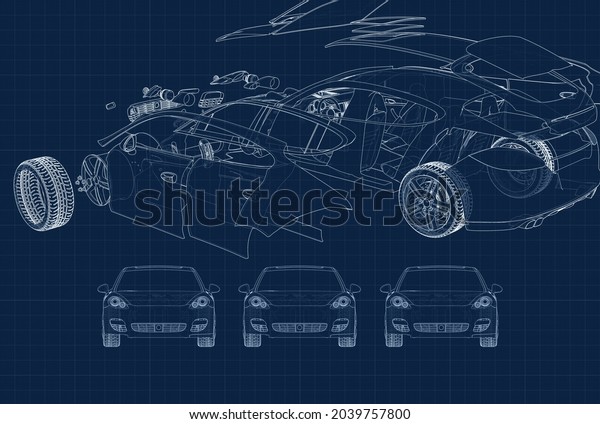 drawing of a car and its parts on a blue\
millimeter substrate 3d\
render