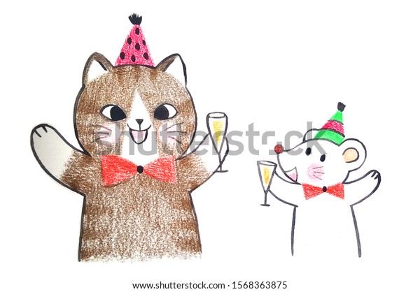 Drawing Cartoon Cute Cat Mouse Celebration Stock Illustration