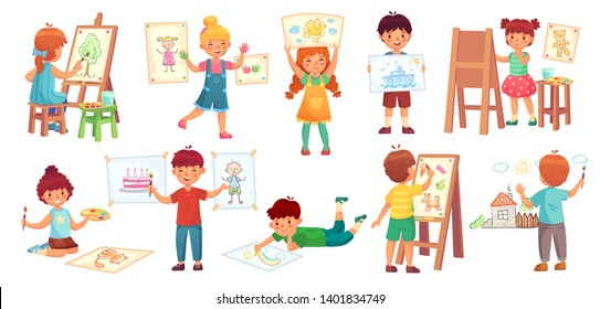 Drawing children. Kid illustrator, baby drawing play and draw kids group. Childrens paint watercolor pictures in creative school class. Art lesson cartoon  illustration