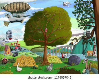 Drawing For Children's Book. Nature, Animals, Airship. Beautiful Wallpaper.