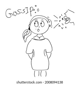 Drawing Of Chubby Girl Is Listening To Mouth Speaking, Gossip, In Black And White. In Concept, Excited When Hearing Rumours.