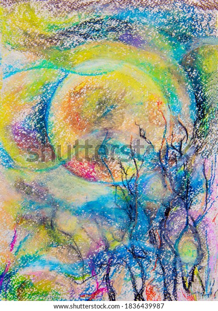 Drawing with colored crayons and\
pastels.Dark night, full moon. Moonlight shone through the branches\
of the trees. Halloween. To decorate your interior or text\
background. Colorful\
illustration.
