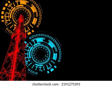 Drawing Of  Communication Or Telecommunication Towers And Satellite Signal Transmitters. Television And Radio Waves Broadcasting Concept, 5G Concept.