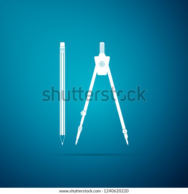 Drawing compass and\
pencil with eraser icon isolated on blue background. Education\
sign. Drawing and educational tools. Geometric equipment. School\
office symbol. Flat\
design